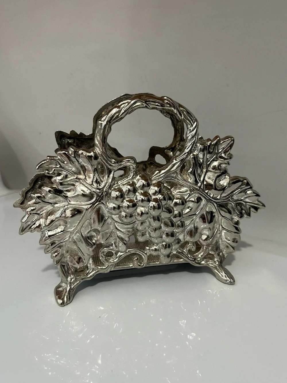 Vintage Silver Plated Napkin Holder w/ Ornate Grape & Leaves Design